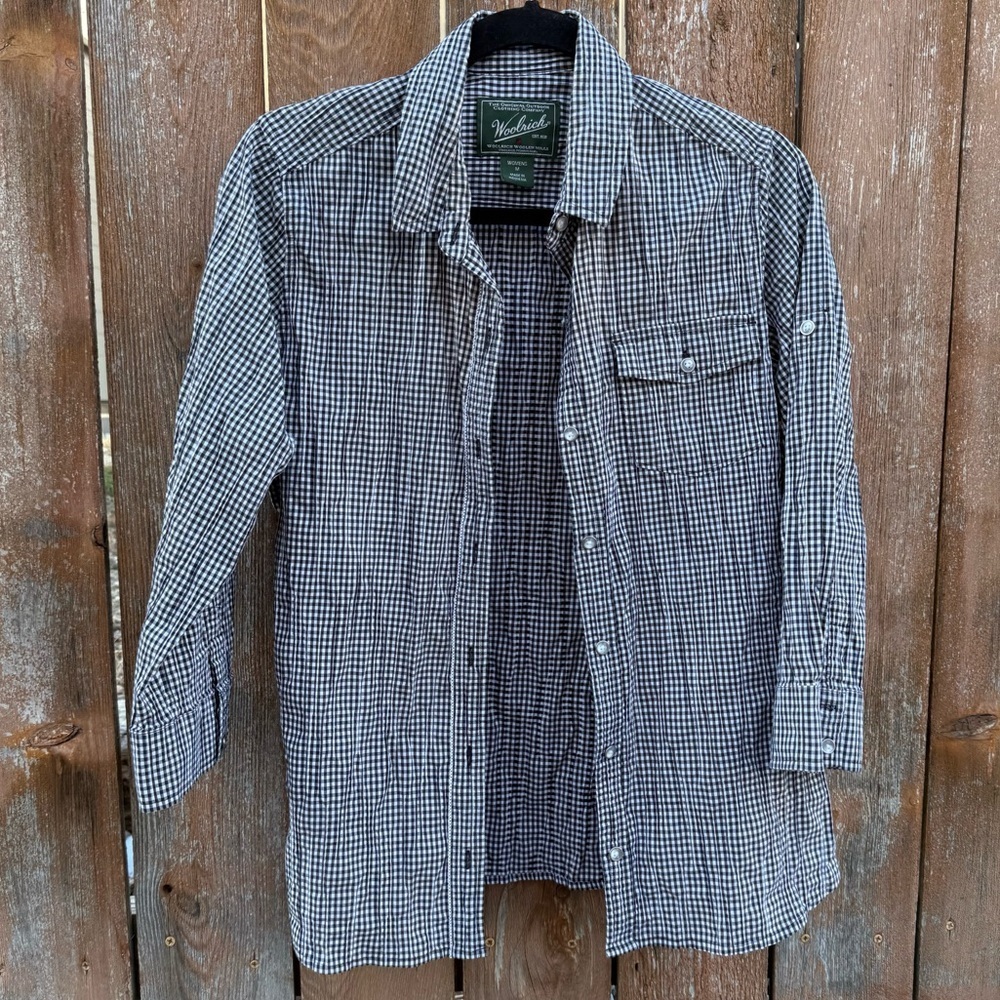 WOOLRICH Women’s Black White Gingham Button Down 3/4 Sleeve Shirt Size Medium